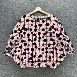 Simple Blouse Women M Medium White Polka Dot 3/4 Sleeve Round Neck Cotton Casual